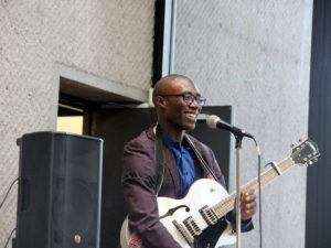 Rwandan guitarist Pie Manirarora performs.