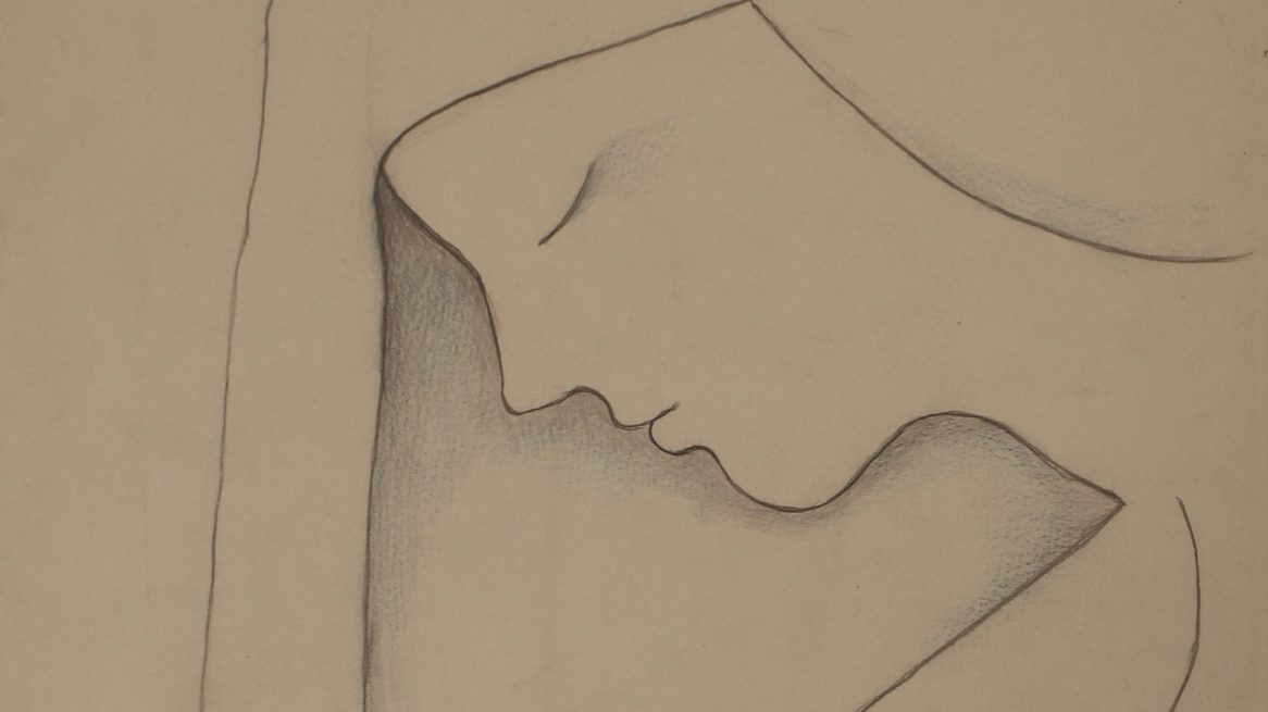 Beatrice Wood pencil drawing of a face bent over, leaning into their arm.
