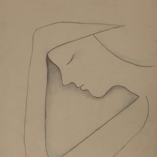 Beatrice Wood pencil drawing of a face bent over, leaning into their arm.