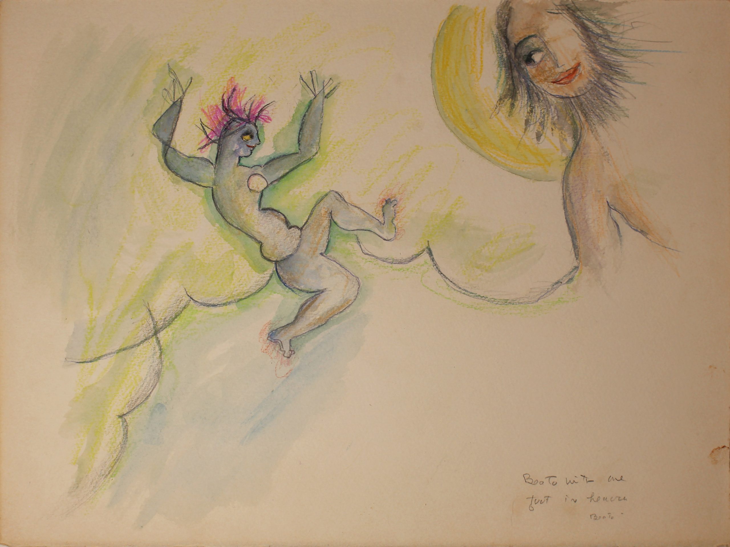 2017.10.94 HR Beatrice Wood sketch with pencil and watercolor of a character descended in the sky reaching towards another character coming from the corner.
